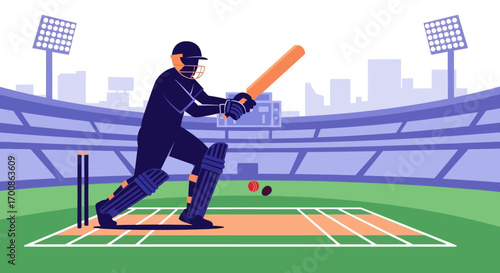 Dynamic Cricket Batsman Hitting Ball in Vibrant Stadium Flat Design Style