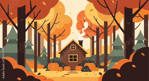 Cozy cabin nestled in a vibrant autumn forest with pumpkins flat vector illustration