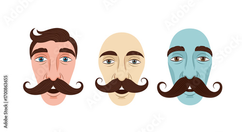 Three stylized faces with mustaches in varying skin tone and color