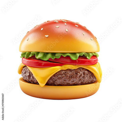 Delicious animated burger with sesame seed bun, cheese, tomato, lettuce, and patty