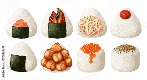 An assortment of onigiri with various fillings arranged in two rows