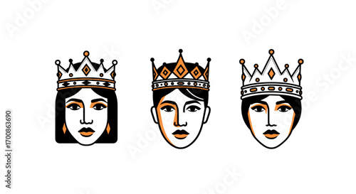 Three stylized portraits of women wearing ornate crowns in black and tan