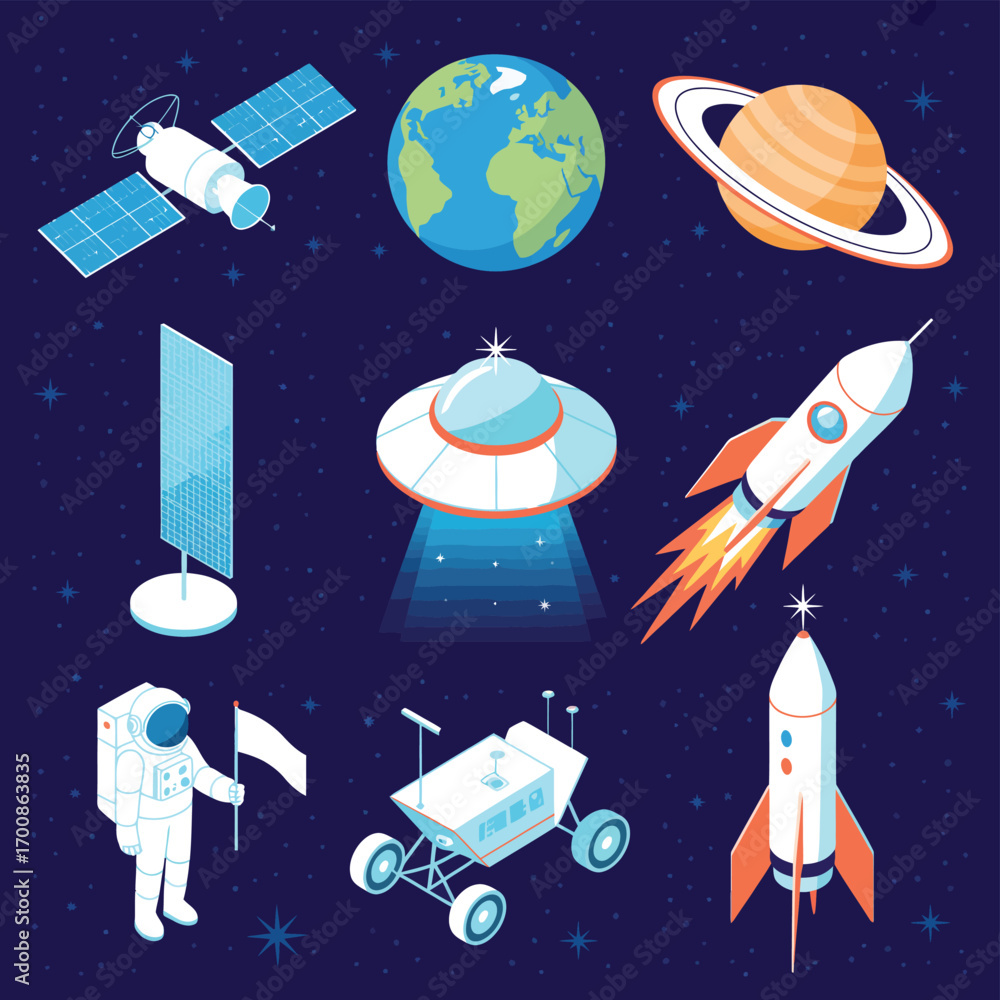 Naklejka premium Isometric space exploration icons including planets astronaut rocket and ufo