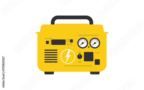 Yellow portable generator with gauges and electrical outlets