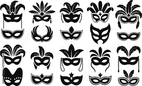 A diverse set of black vector silhouette masquerade masks for carnival and festive events