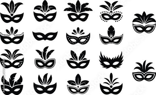 Collection of black and white carnival mask icons for masquerade balls and festive celebrations