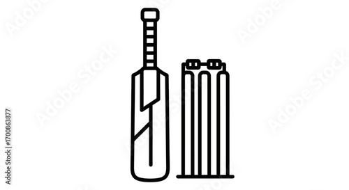 Stylized black line vector icon featuring a cricket bat and wicket stumps isolated on a clean white background depicting sport equipment.