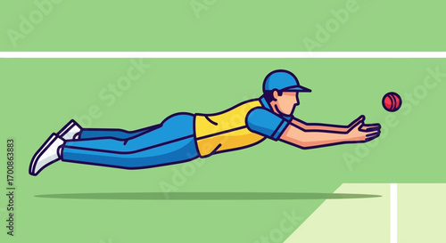 Dynamic Flat Design Illustration of a Cricketer Diving to Catch a Ball