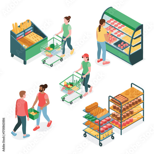 Isometric illustration of people shopping in a grocery store with carts and displays