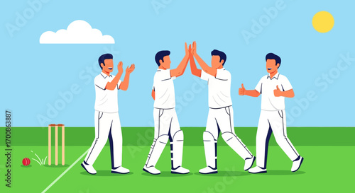 Joyful Cricket Team Celebrates Win on Green Field Flat Illustration Style