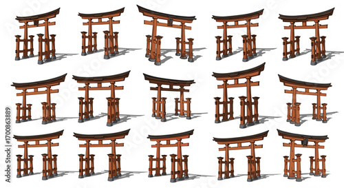 Multiple torii gates arranged in a grid pattern on a white background