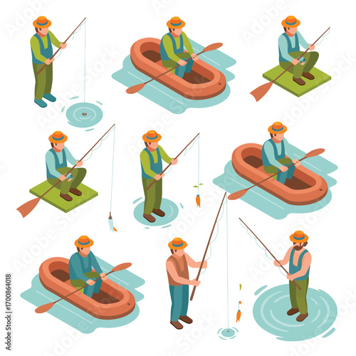 Isometric collection of fishermen enjoying outdoor activities