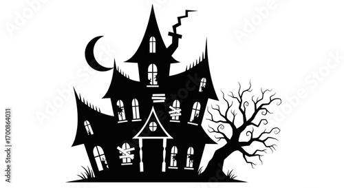 Gothic Halloween Haunted House Silhouette with Twisted Tree and Moon