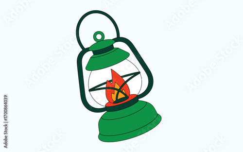 Green kerosene lantern with a bright flame inside