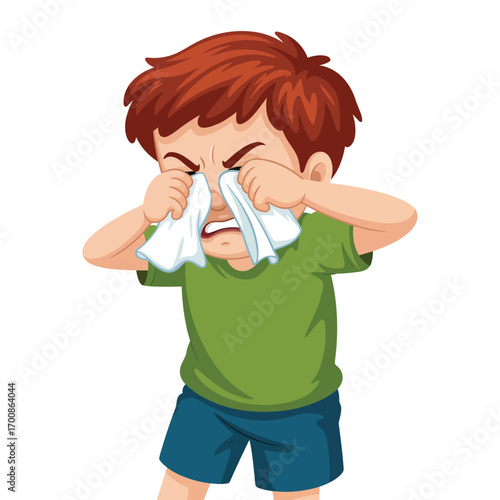 Young boy with red hair wiping his eyes with a tissue