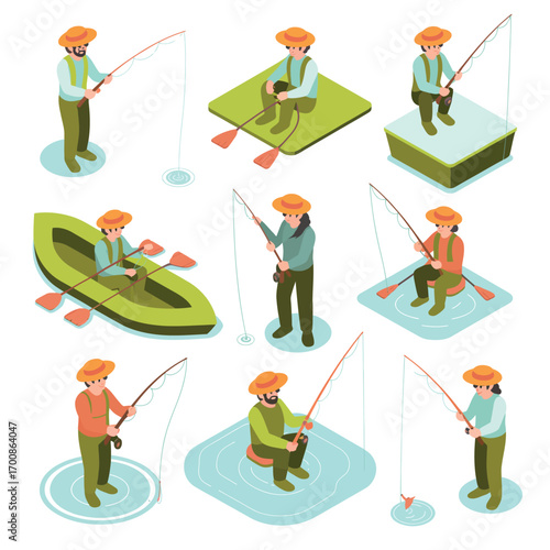 Isometric set of people fishing in various poses and locations