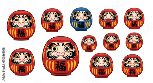 Collection of daruma dolls in red and blue with japanese characters
