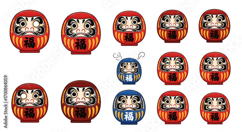 A collection of daruma dolls with varying eye and color configurations