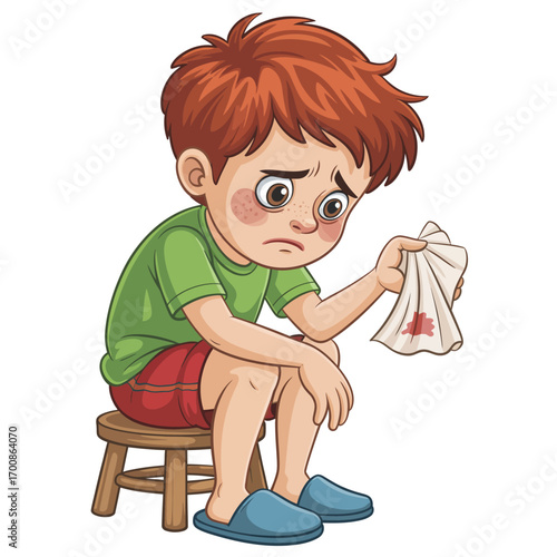 Sad boy holding bloody tissue after nosebleed sitting on stool