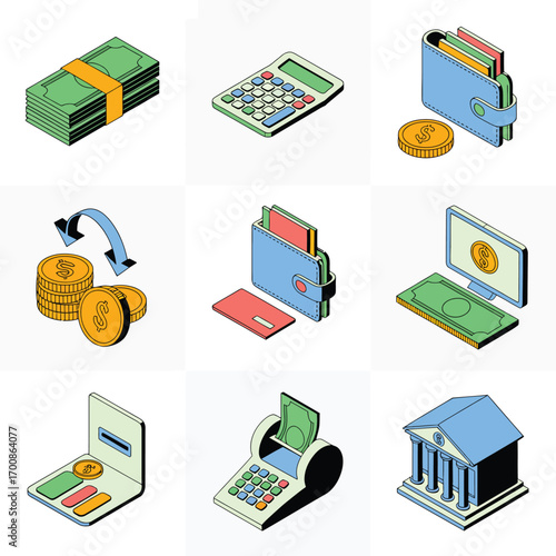 Isometric icons representing financial concepts and transactions