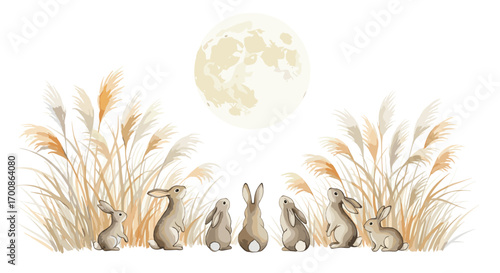 Group of rabbits gazing at the moon amidst tall grass illustration art