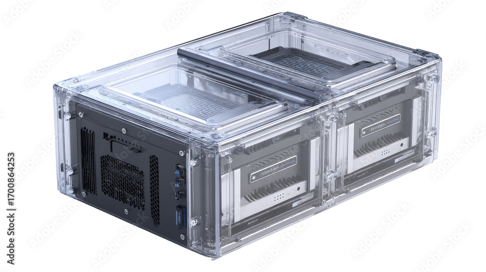 Obraz premium Transparent computer chassis showcasing dual internal units