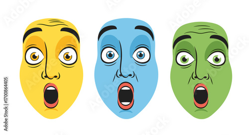 Three colorful cartoon faces expressing shock with open mouths and eyes