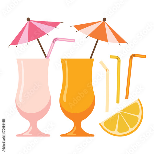 Tropical cocktails with umbrellas and citrus slice on white background