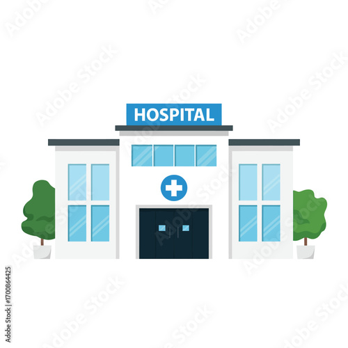 Modern hospital building with trees and medical symbol