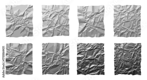 Collection of eight crumpled paper sheets with varying light levels