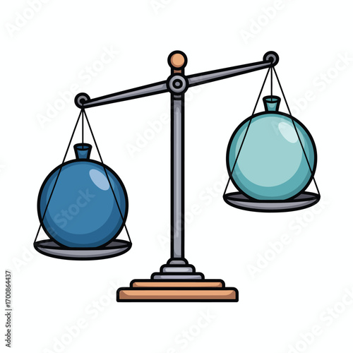 Illustration of a balance scale with two different sized blue spheres