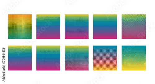 Ten rectangular gradient patterns with varying dot density and color hues