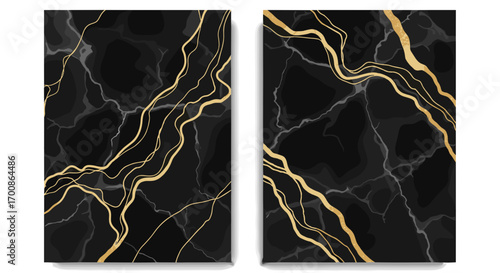 Two panels showing black marble with golden and gray vein patterns art