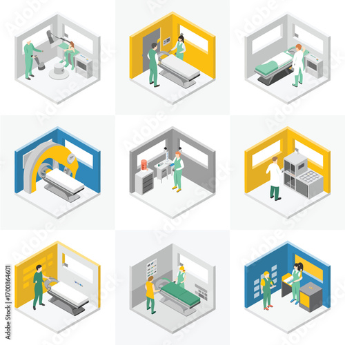 Isometric hospital rooms with medical equipment and healthcare professionals