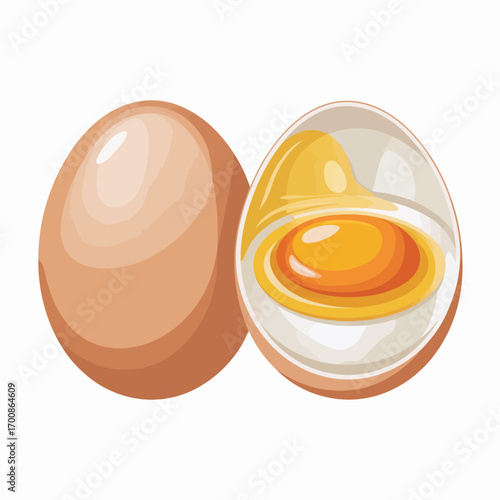 Whole and halved chicken egg showing yolk and white