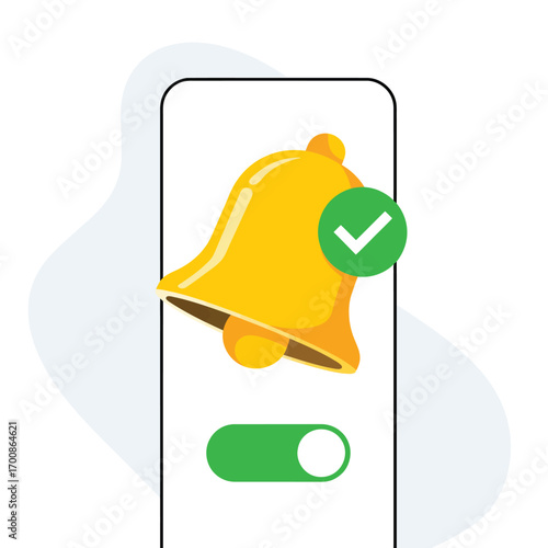 Smartphone screen displays an active notification bell with a checkmark and toggle switch