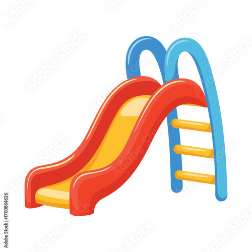 Brightly colored plastic childrens playground slide isolated on white background