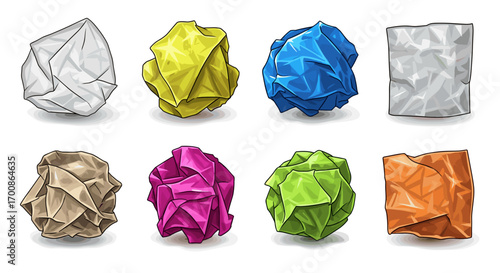 A collection of eight colorful crumpled paper balls in varied shapes