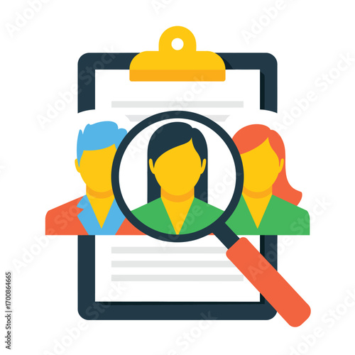 Magnifying glass focusing on a person on a clipboard with other candidates