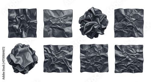 Collection of eight crumpled pieces of dark gray paper on white background