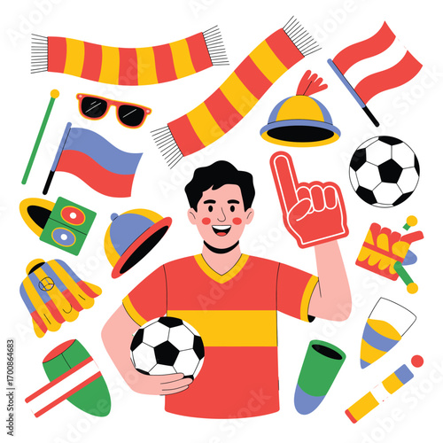 Enthusiastic sports fan with soccer ball and accessories