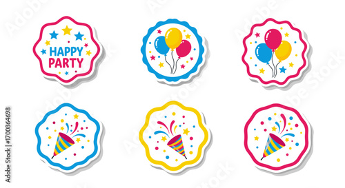 Collection of party themed stickers featuring balloons and confetti poppers