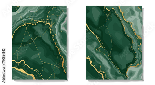 Two vertical panels featuring green marble with gold vein accents art