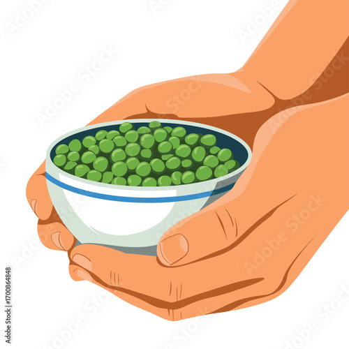 Hands holding a small bowl filled with fresh green peas