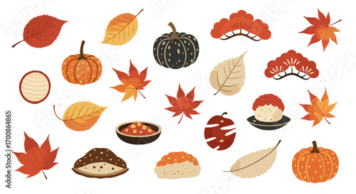 Autumn themed illustration featuring leaves pumpkins and other elements