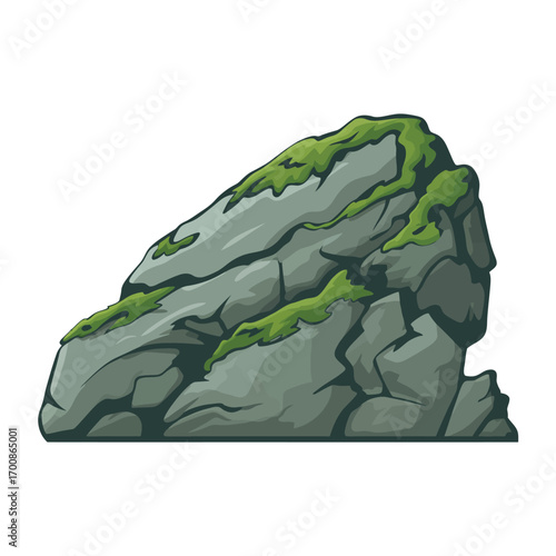Moss covered rock formation isolated on white background