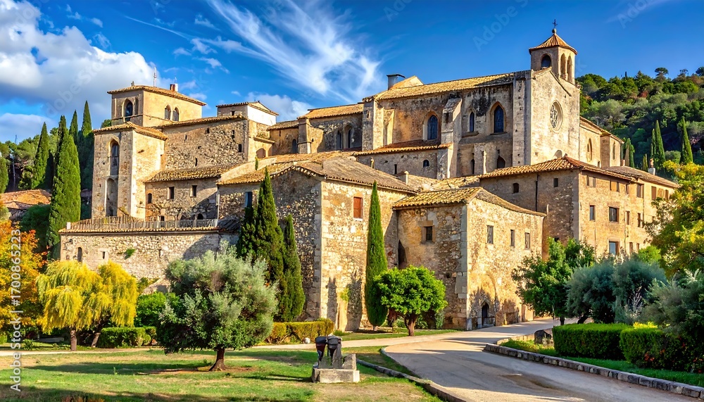 Fototapeta premium A large, historic stone monastery complex, nestled within a landscaped garden, presents a serene and picturesque view under a partly cloudy sky.