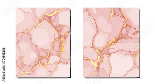 Two rectangular panels featuring pink marble with gold accents and veins