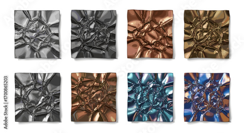 Eight metallic crumpled rectangles arranged in two rows on white backdrop