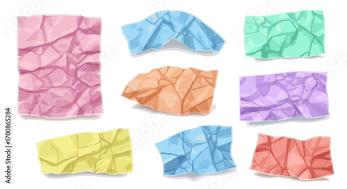 A collection of nine colorful crumpled paper sheets on a white background